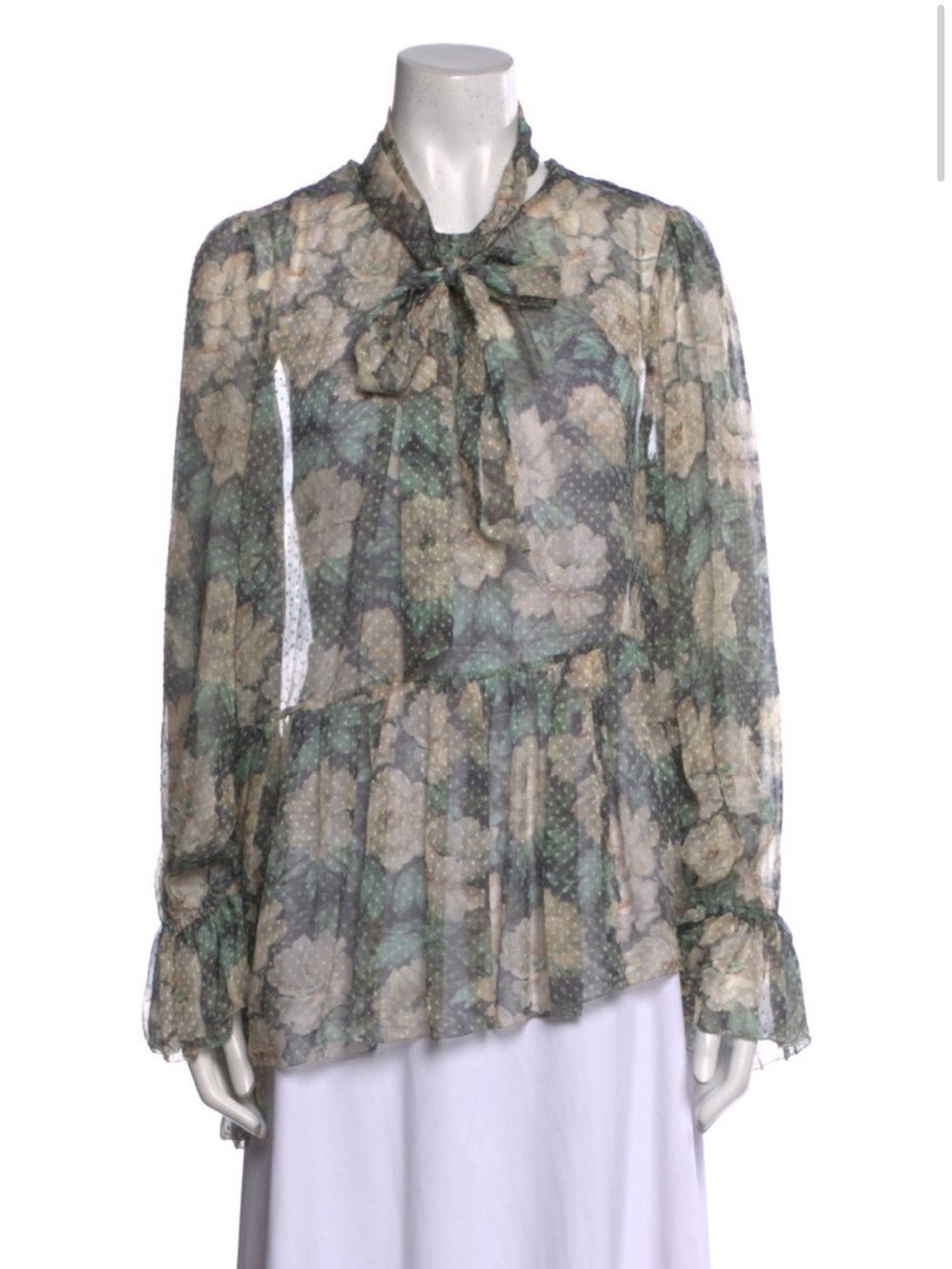 Zimmermann Green and Cream Floral Silk Tie-Neck Blouse